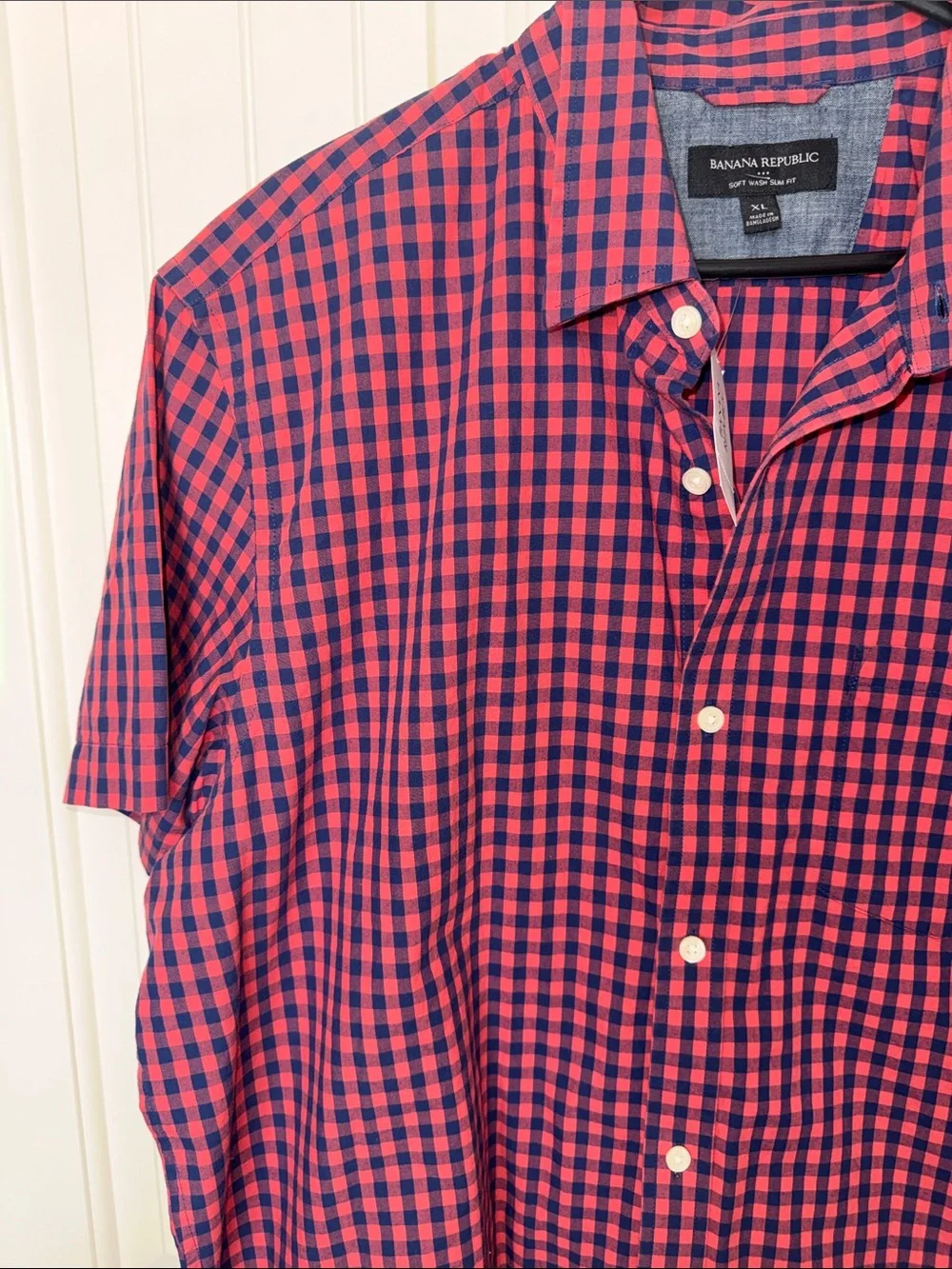Banana Republic Soft Wash Slim Fit Shirt Mens XL Pink Navy Gingham Short Sleeve